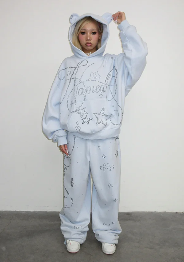 Dreamer Rhinestone Teddy Oversized Sweatpants Baby Blue-3