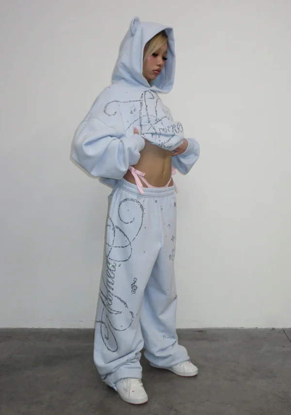 Dreamer Rhinestone Teddy Oversized Sweatpants Baby Blue-5