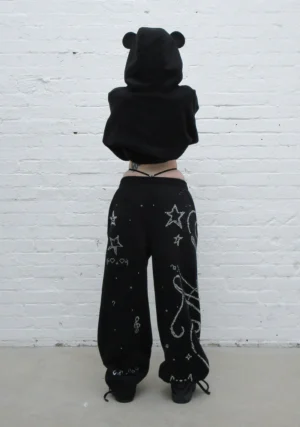 Dreamer Rhinestone Teddy Oversized Sweatpants Black-1
