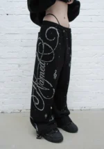 Dreamer Rhinestone Teddy Oversized Sweatpants Black-2