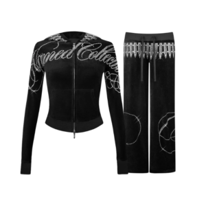 Enemy Rhinestone Velour ZIP Tracksuit Black