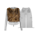 Faithful Faux Fur Vest And Fitted ZIP Tracksuit Two Piece Set Grey Marl