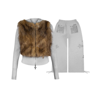 Faithful Faux Fur Vest And Fitted ZIP Tracksuit Two Piece Set Grey Marl