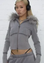 Feral Faux Fur Fitted ZIP Tracksuit Washed Grey (Detachable Fur)-1