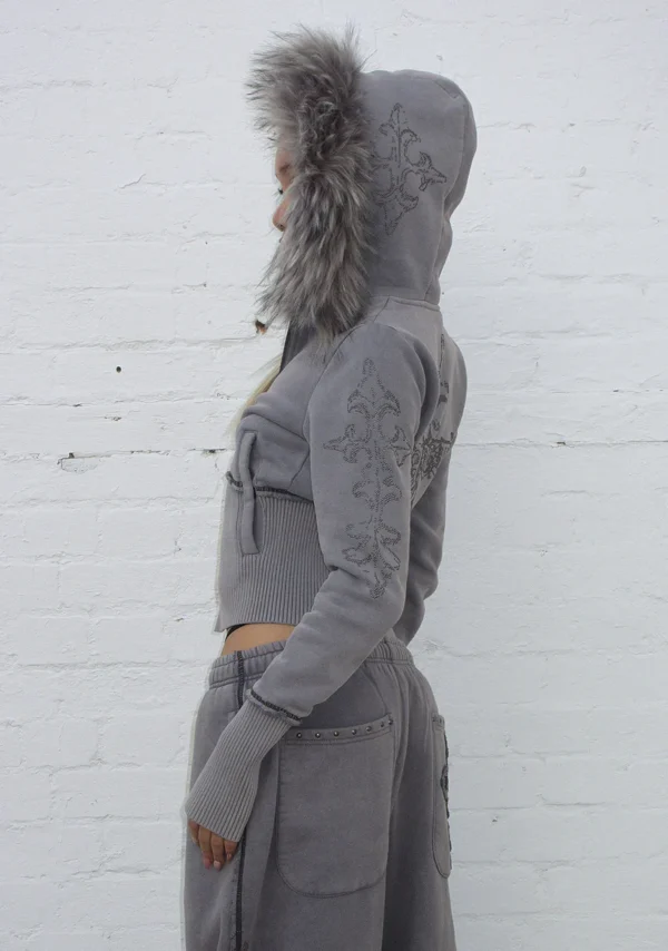 Feral Faux Fur Fitted ZIP Tracksuit Washed Grey (Detachable Fur)-3