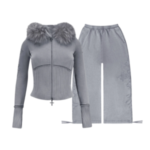 Feral Faux Fur Fitted ZIP Tracksuit Washed Grey (Detachable Fur)