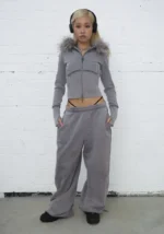 Feral Faux Fur Fitted ZIP Tracksuit Washed Grey (Detachable Fur)-4