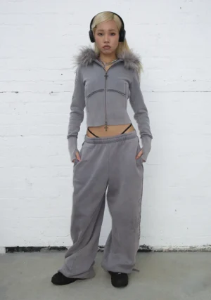 Feral Faux Fur Fitted ZIP Tracksuit Washed Grey (Detachable Fur)-4