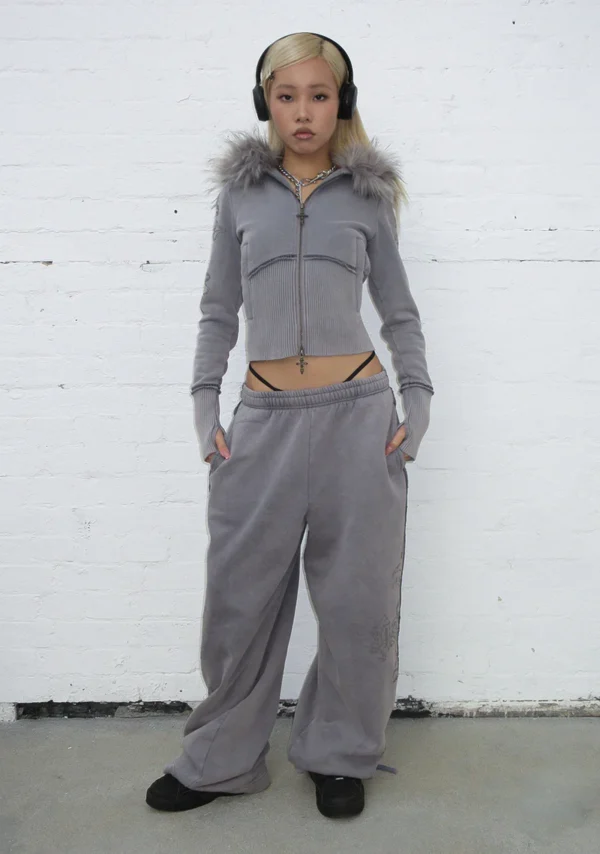 Feral Faux Fur Fitted ZIP Tracksuit Washed Grey (Detachable Fur)-4