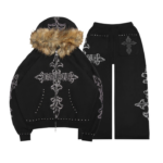 Feral Faux Fur Studded ZIP Tracksuit Black (Detachable Fur)