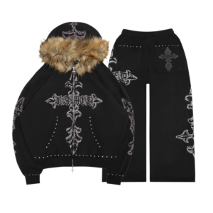 Feral Faux Fur Studded ZIP Tracksuit Black (Detachable Fur)