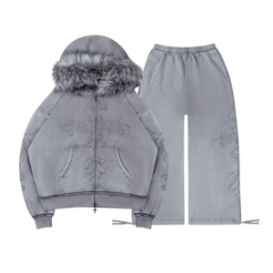 Feral Faux Fur Studded ZIP Tracksuit Washed Grey (Detachable Fur)