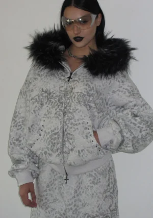 Feral Studded ZIP Hoodie Snow Leopard (Detachable Fur)-1