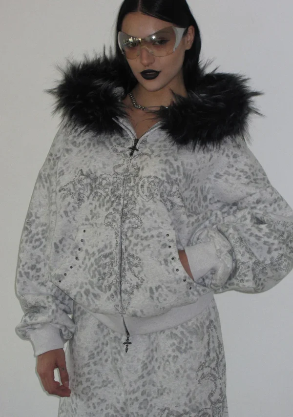 Feral Studded ZIP Hoodie Snow Leopard (Detachable Fur)-1