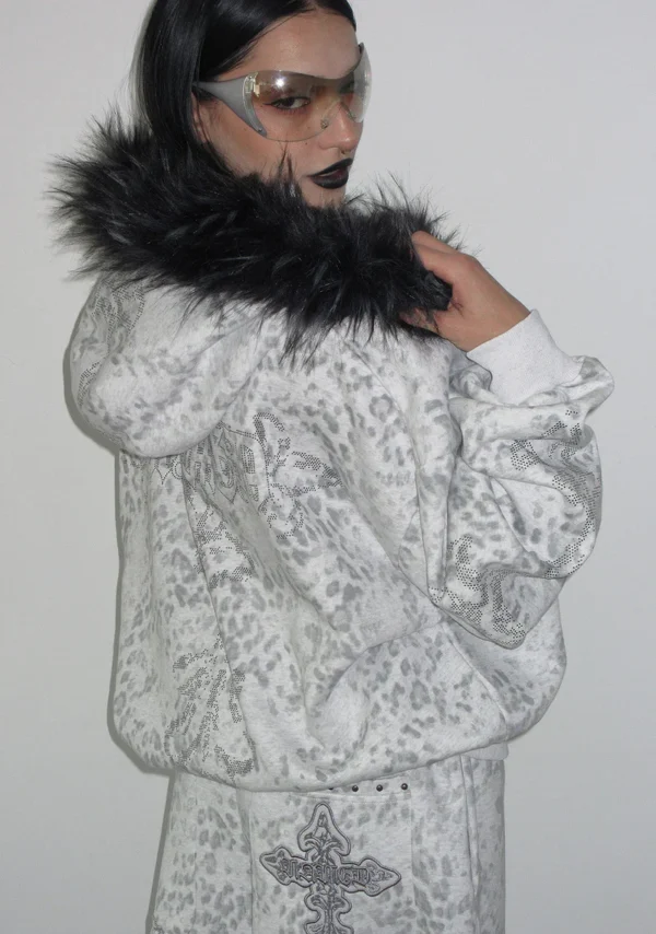 Feral Studded ZIP Hoodie Snow Leopard (Detachable Fur)-5