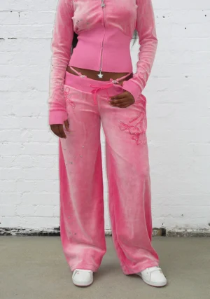 Glitch Eyelet Velour Sweatpants Washed Hot Pink-1