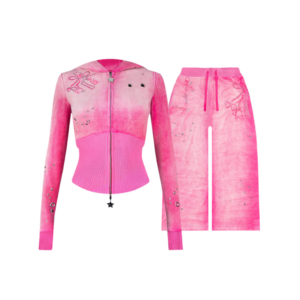 Glitch Eyelet Velour ZIP Tracksuit Washed Hot Pink