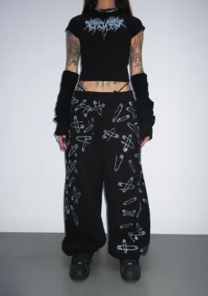 Heist Rhinestone Safety PIN Oversized Sweatpants Black-1