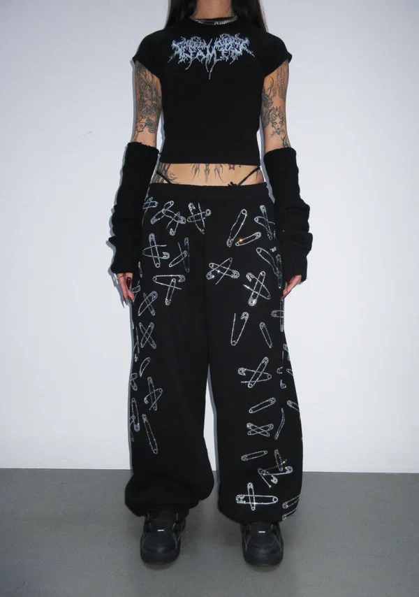 Heist Rhinestone Safety PIN Oversized Sweatpants Black-1