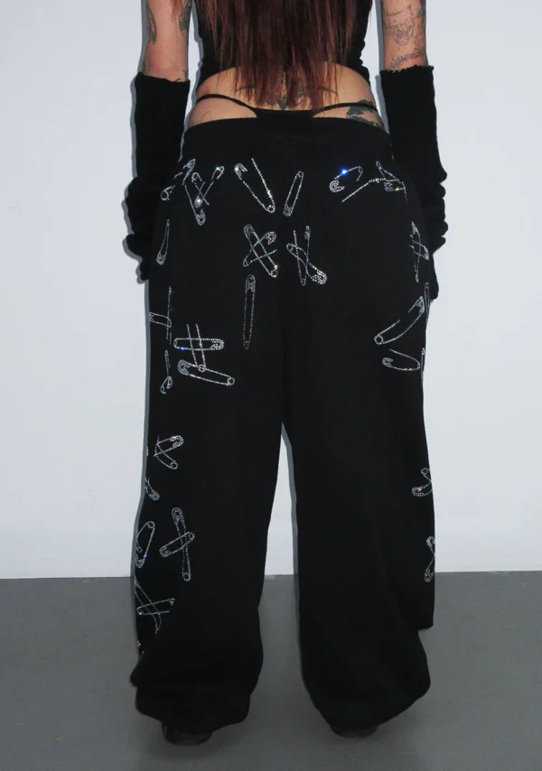 Heist Rhinestone Safety PIN Oversized Sweatpants Black-2