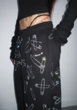 Heist Rhinestone Safety PIN Oversized Sweatpants Black-3