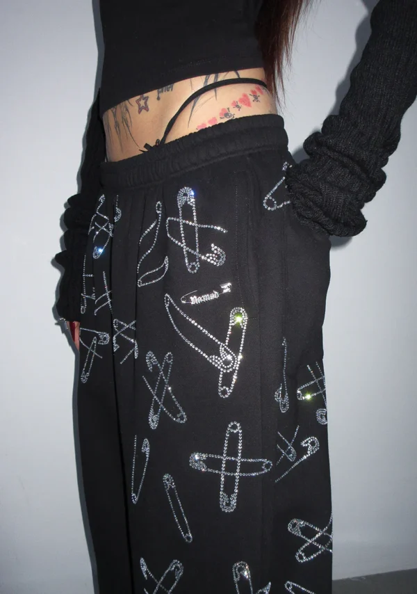 Heist Rhinestone Safety PIN Oversized Sweatpants Black-3