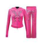 Idol Rhinestone Velour Fitted ZIP Tracksuit Hot Pink
