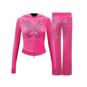 Idol Rhinestone Velour Fitted ZIP Tracksuit Hot Pink