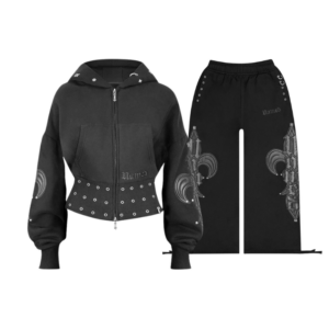 Midnight Studded Fitted Waist ZIP Crop Tracksuit Black