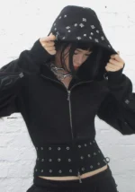 Midnight Studded Fitted Waist ZIP Crop Tracksuit Black-4