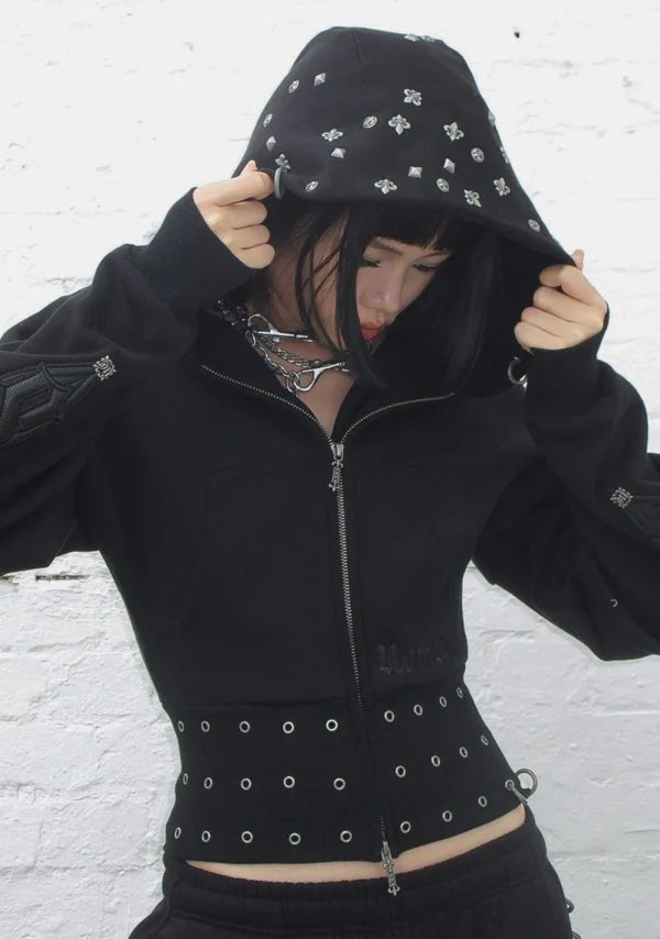 Midnight Studded Fitted Waist ZIP Crop Tracksuit Black-4