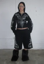 Nocturnal Rhinestone Fitted Waist ZIP Tracksuit Black-1