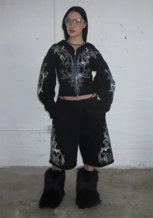 Nocturnal Rhinestone Fitted Waist ZIP Tracksuit Black-1
