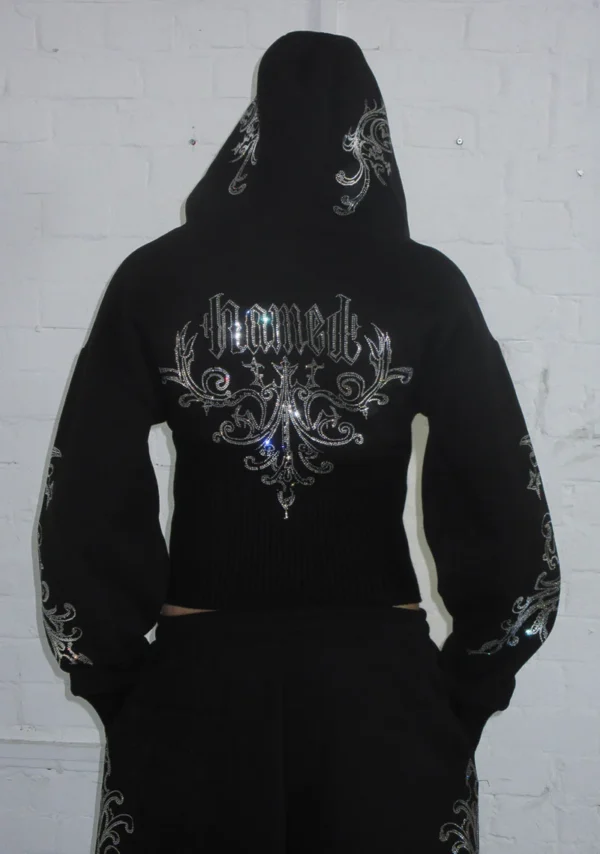 Nocturnal Rhinestone Fitted Waist ZIP Tracksuit Black-3