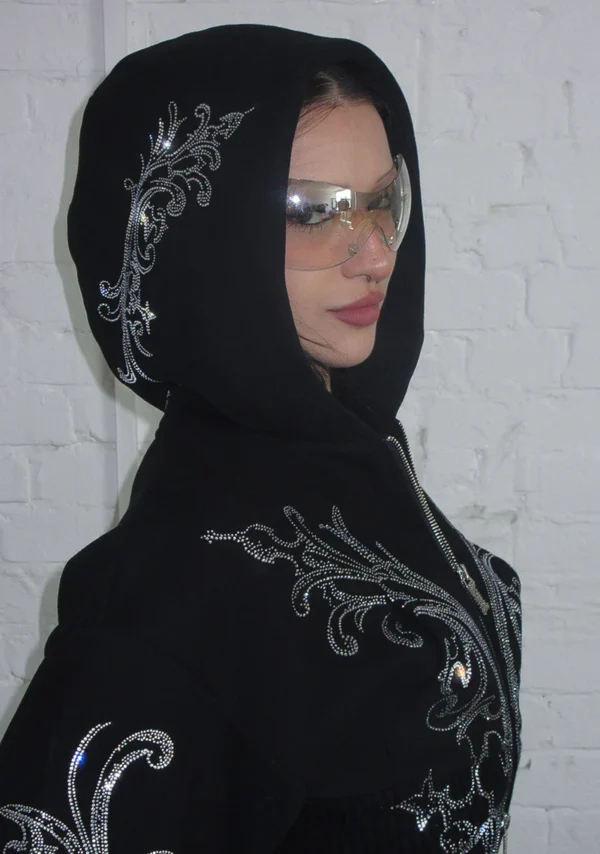 Nocturnal Rhinestone Fitted Waist ZIP Tracksuit Black-4