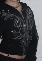 Nocturnal Rhinestone Fitted Waist ZIP Tracksuit Black-5
