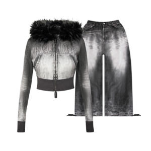 Off Grid Faux Fur Denim Effect Fitted ZIP Tracksuit Black (Detachable Fur)