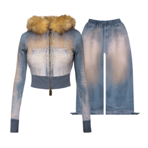 Off Grid Faux Fur Denim Effect Fitted ZIP Tracksuit Washed Blue (Detachable Fur)