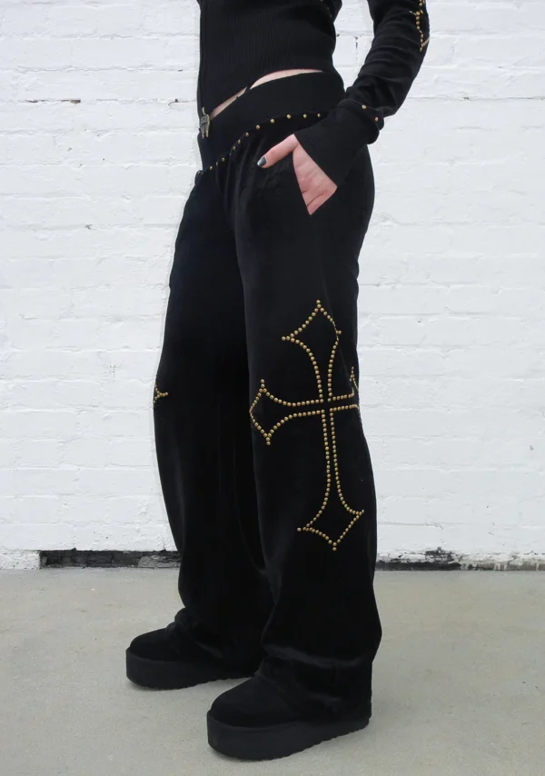 Rebel Studded Velour Sweatpants Black-2