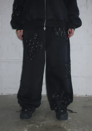 Sinner Studded Oversized Sweatpants Black Vintage Wash