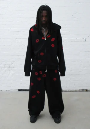 Tease Rhinestone Kiss Oversized Sweatpants Black-1
