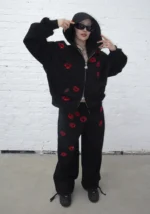 Tease Rhinestone Kiss Oversized Sweatpants Black-4