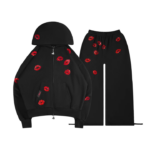 Tease Rhinestone Kiss ZIP Tracksuit Black