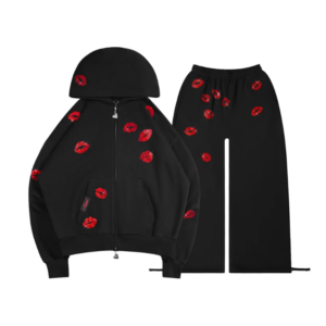 Tease Rhinestone Kiss ZIP Tracksuit Black