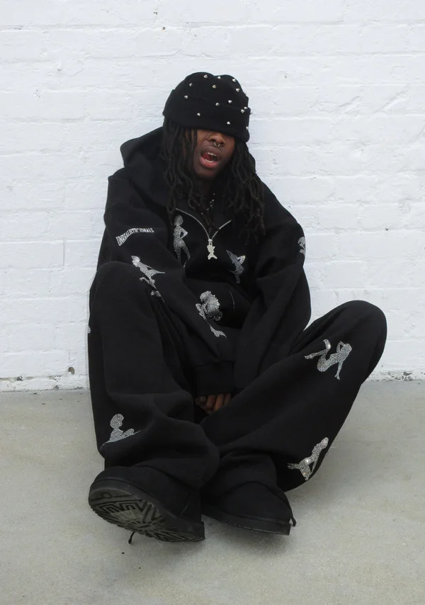 Unrealistic Ideals Rhinestone Oversized Sweatpants Black-2
