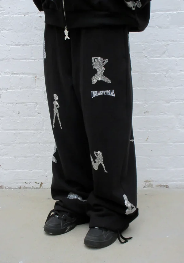 Unrealistic Ideals Rhinestone Oversized Sweatpants Black-4