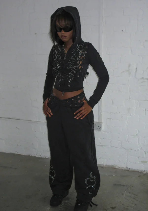 Vendetta Lace Up Fitted ZIP Tracksuit Black Vintage Wash-1
