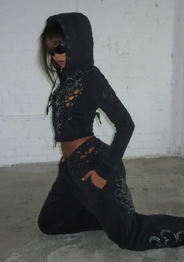 Vendetta Lace Up Oversized Sweatpants Black Vintage Wash-4