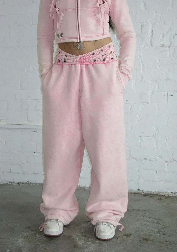 Vendetta Lace Up Oversized Sweatpants Washed Baby Pink-1