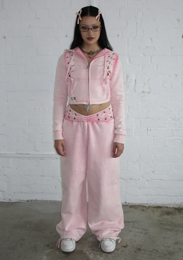 Vendetta Lace Up Oversized Sweatpants Washed Baby Pink-2